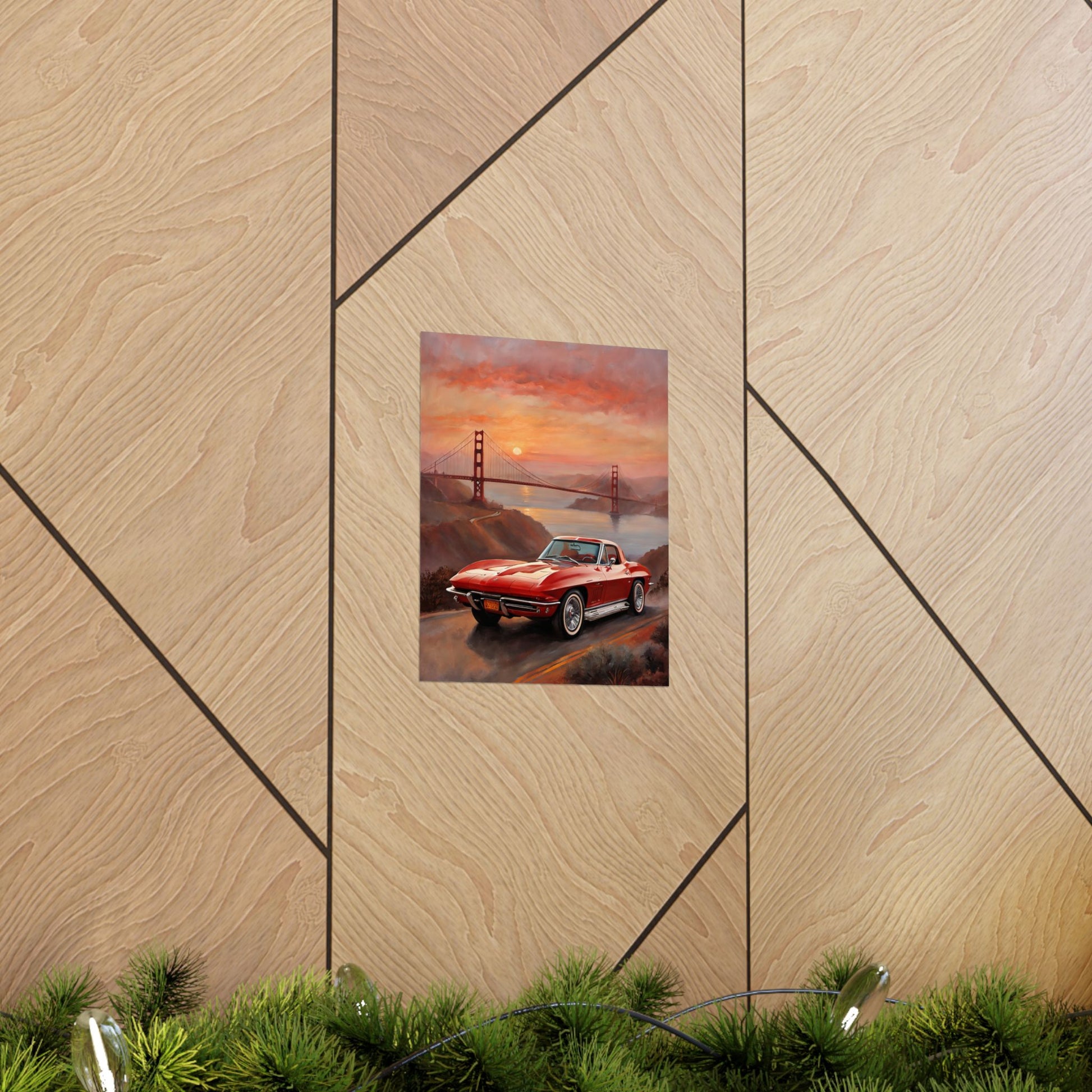 Retro Car Art Print featuring a red sports car with the Golden Gate Bridge in the background