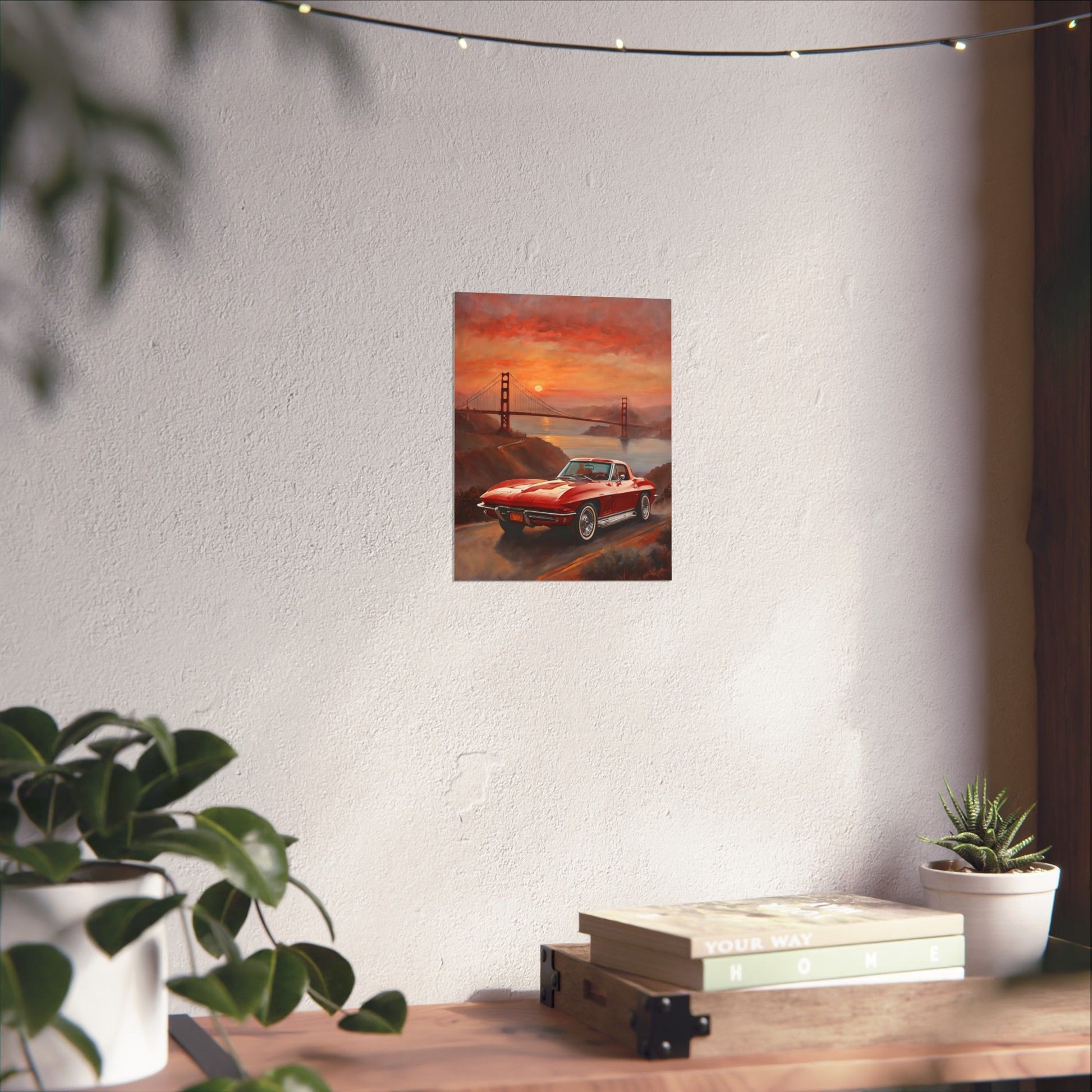 Retro Car Art Print featuring a classic red car with the Golden Gate Bridge at sunset