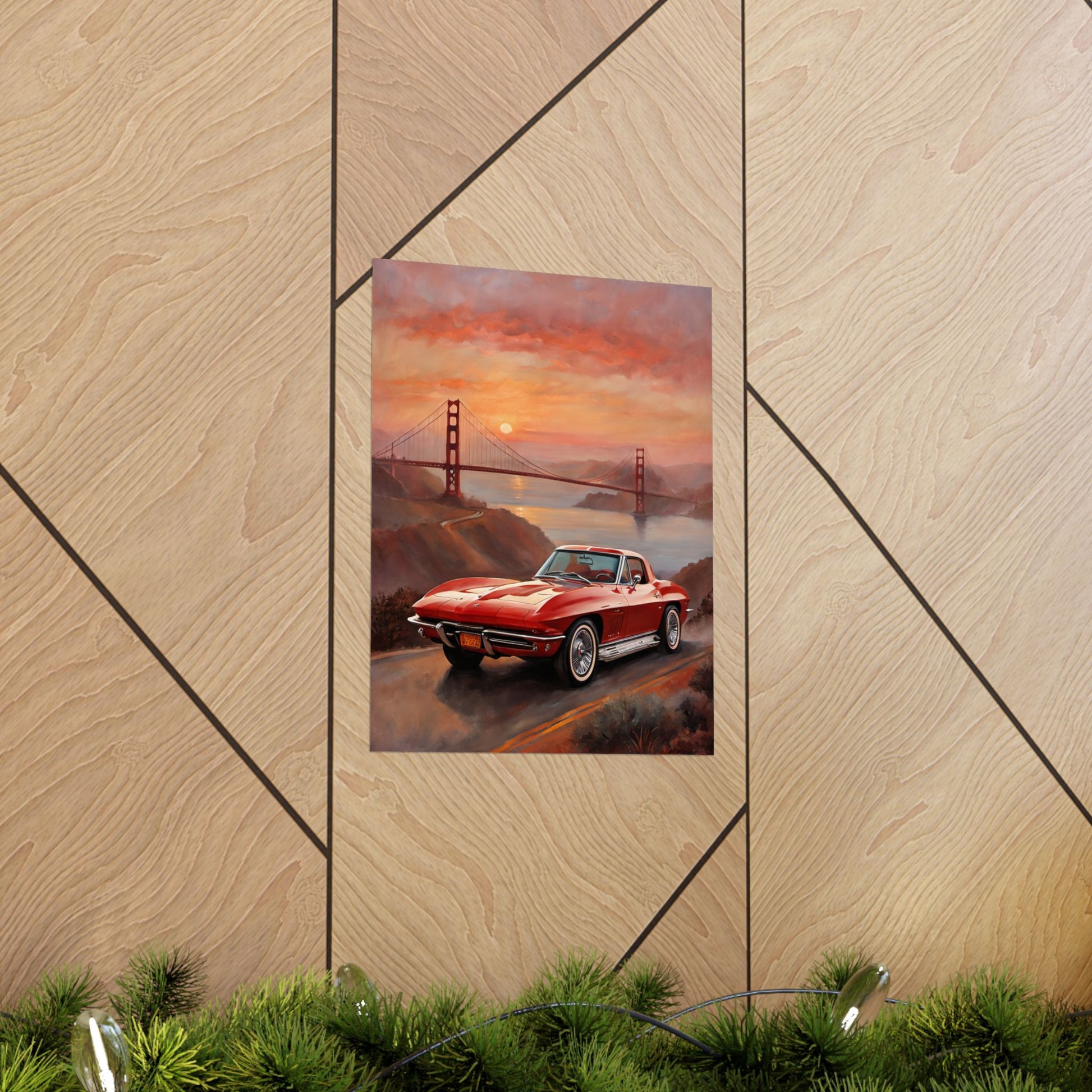 Retro Car Art Print featuring a classic car in front of the Golden Gate Bridge at sunset