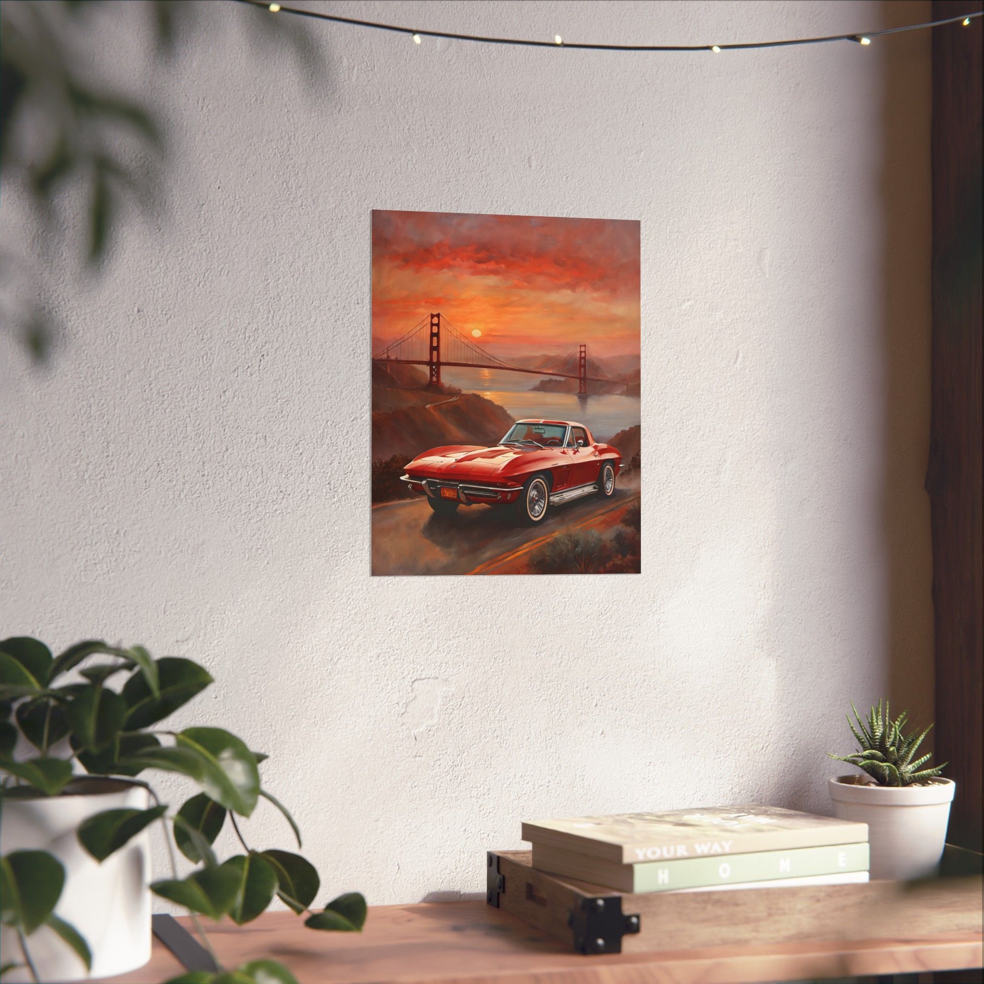 Retro Car Art Print featuring a red sports car with a sunset view of the Golden Gate Bridge