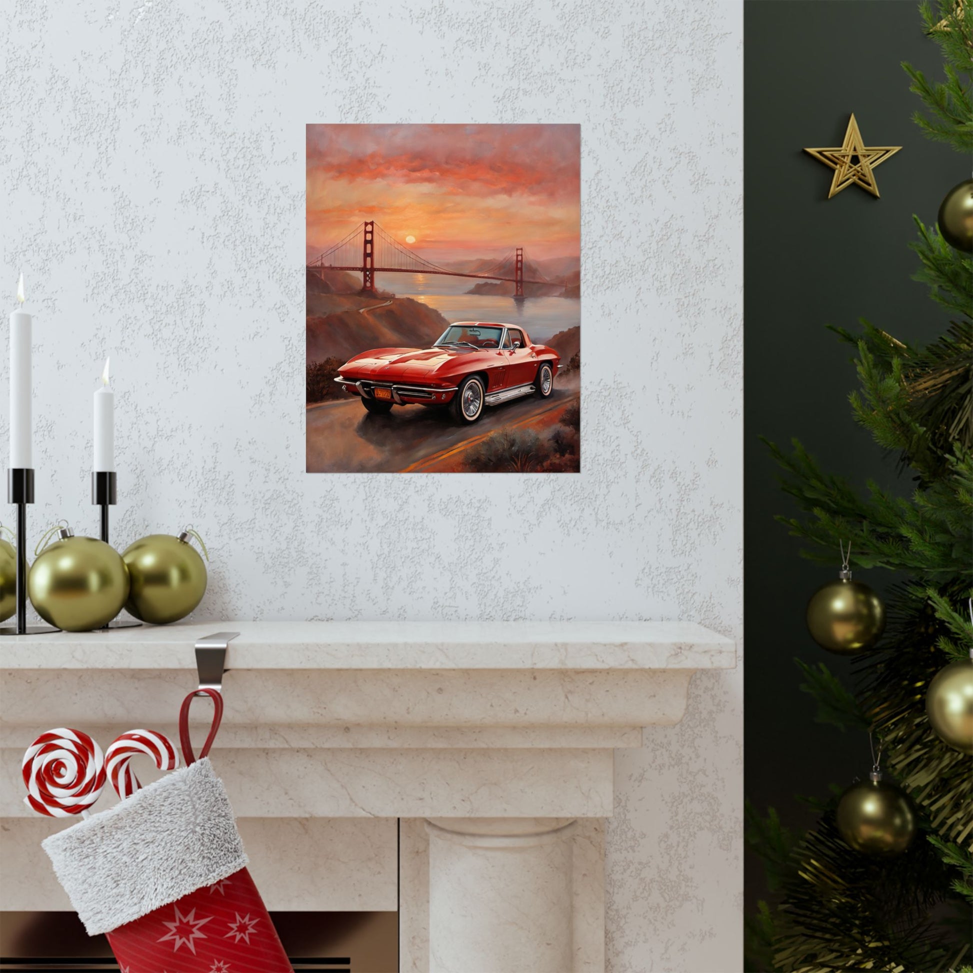 Retro Car Art Print featuring a classic car with the Golden Gate Bridge at sunset