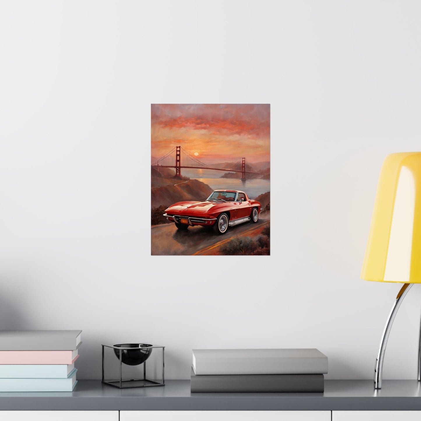 Retro Car Art Print featuring a classic car against a sunset backdrop with the Golden Gate Bridge