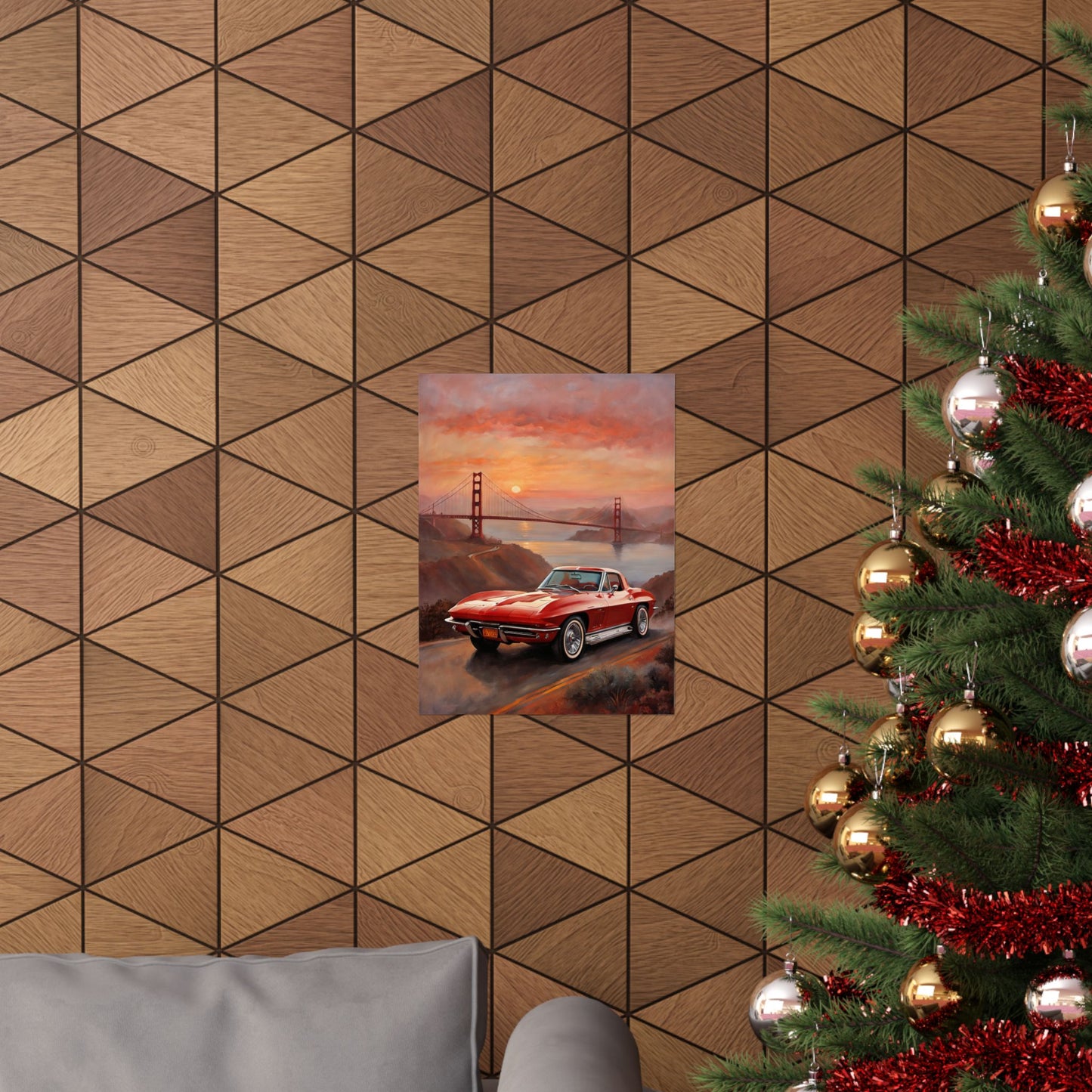 Retro Car Art Print featuring a vintage car against a scenic backdrop with a geometric wall and holiday tree