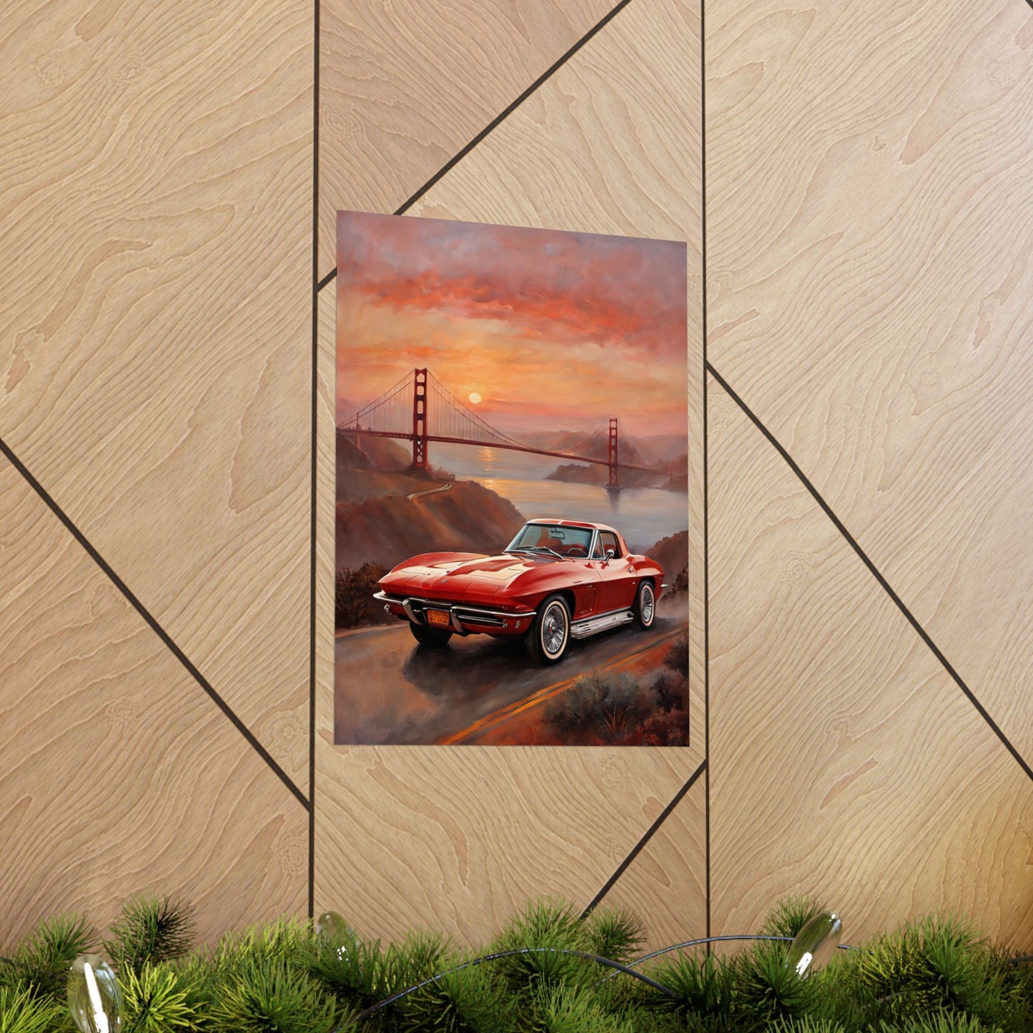 Retro Car Art Print featuring a red vintage car with the Golden Gate Bridge in the background