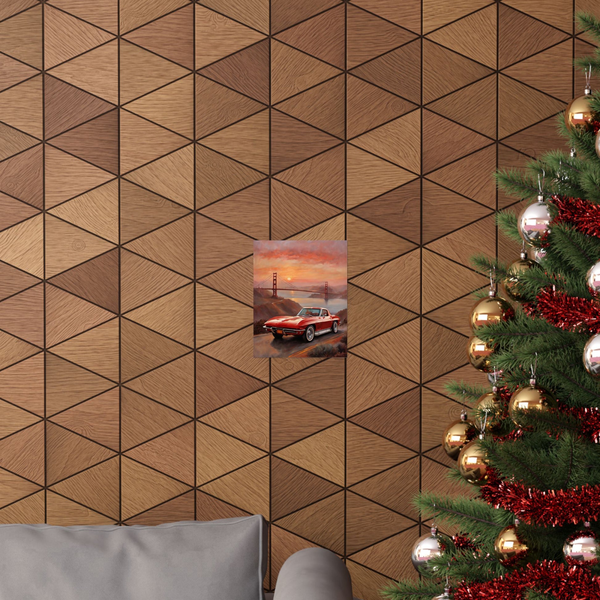 Retro Car Art Print displayed on a geometric patterned wall near a Christmas tree
