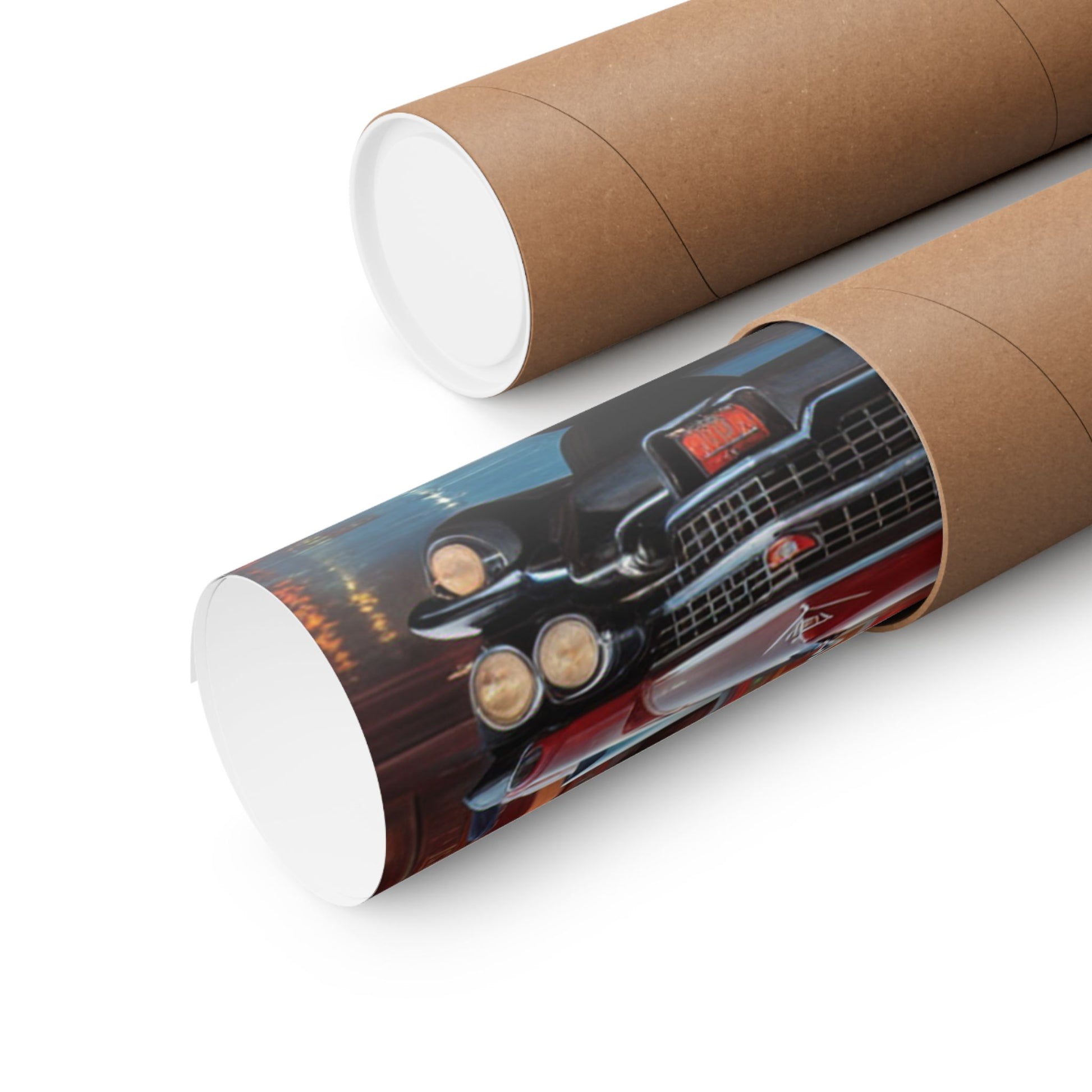 Retro Car Art Prints rolled and packaged in a cardboard tube for easy shipping and storage
