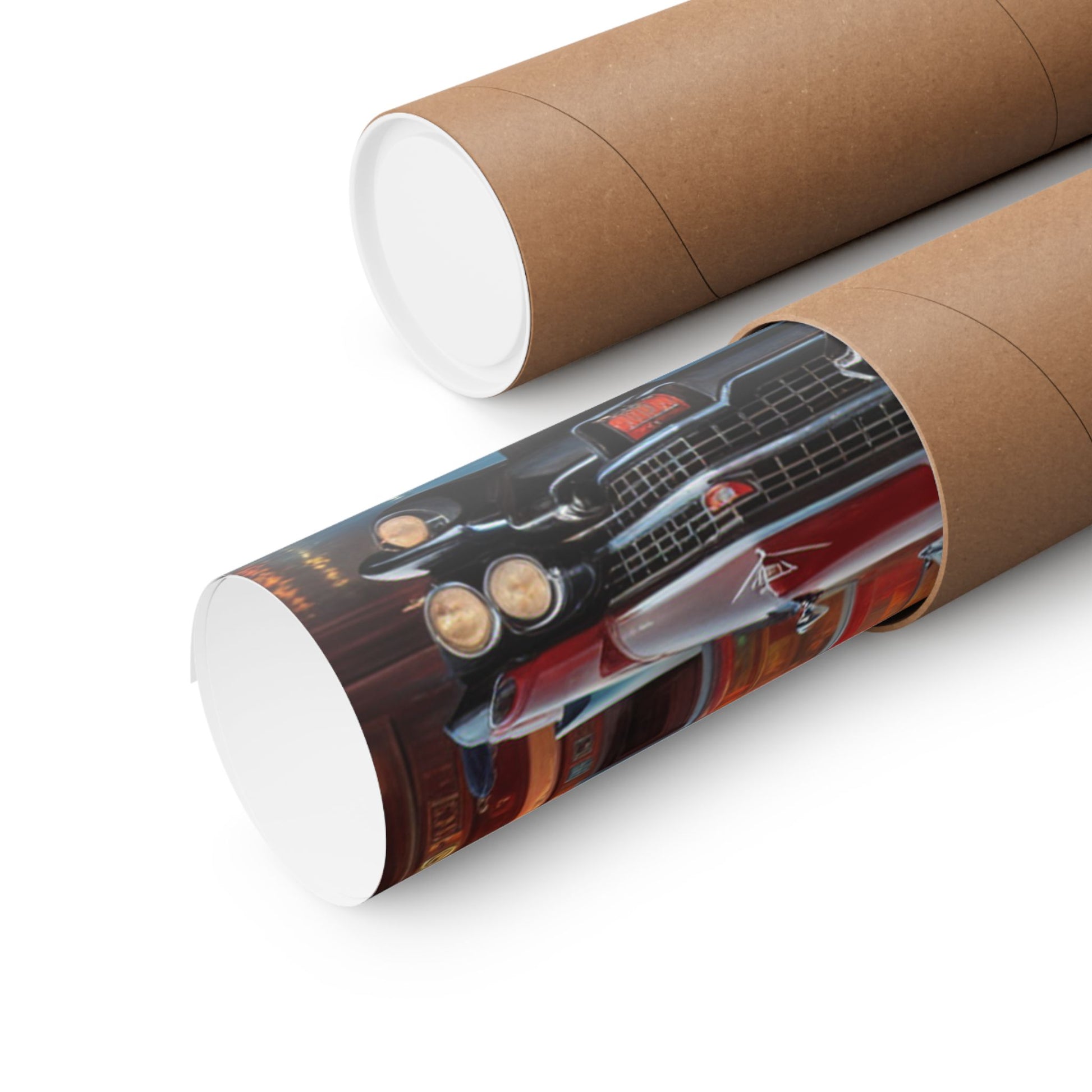Retro Car Art Prints rolled in protective tube, showcasing classic automobile designs and vibrant colors