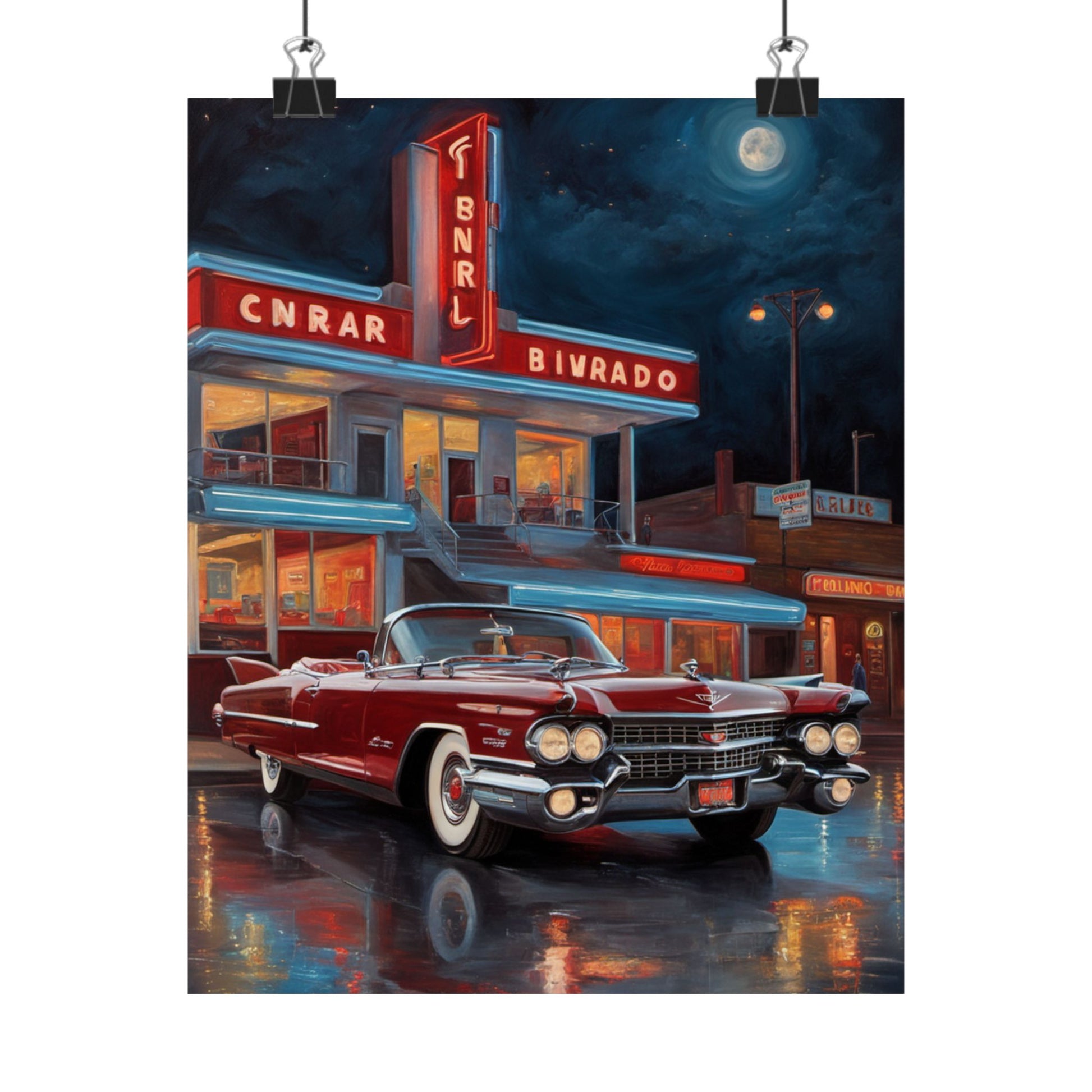 Vintage Car Art Prints featuring a classic red convertible at a vintage diner under the moonlight