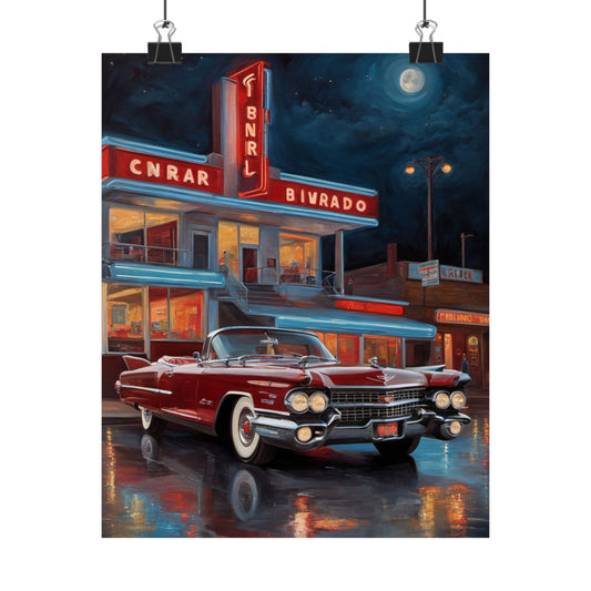 Vintage Car Art Prints featuring a classic red convertible at a vintage diner under the moonlight