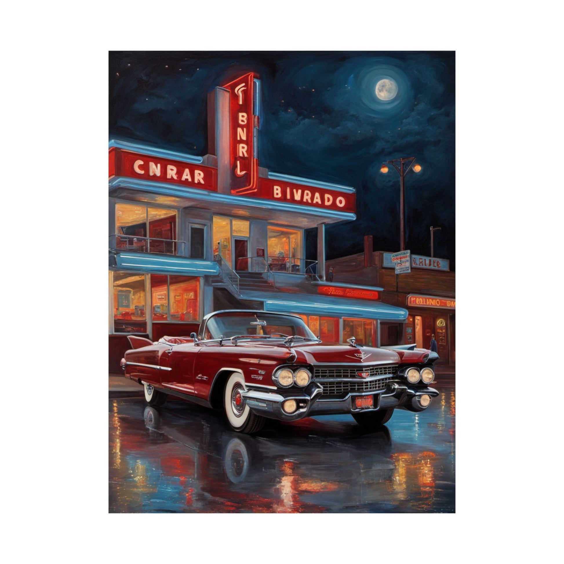 Retro Car Art Prints featuring a classic red convertible at a vintage diner under the moonlight