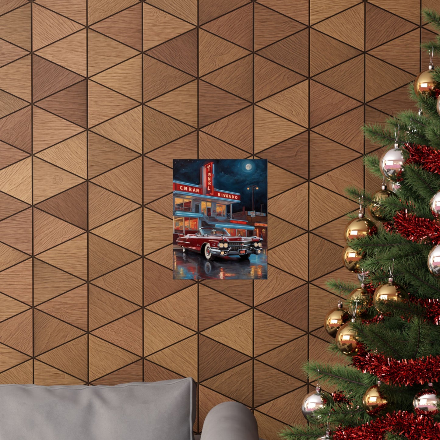 Retro Car Art Prints displayed on a decorative wall with wooden geometric design