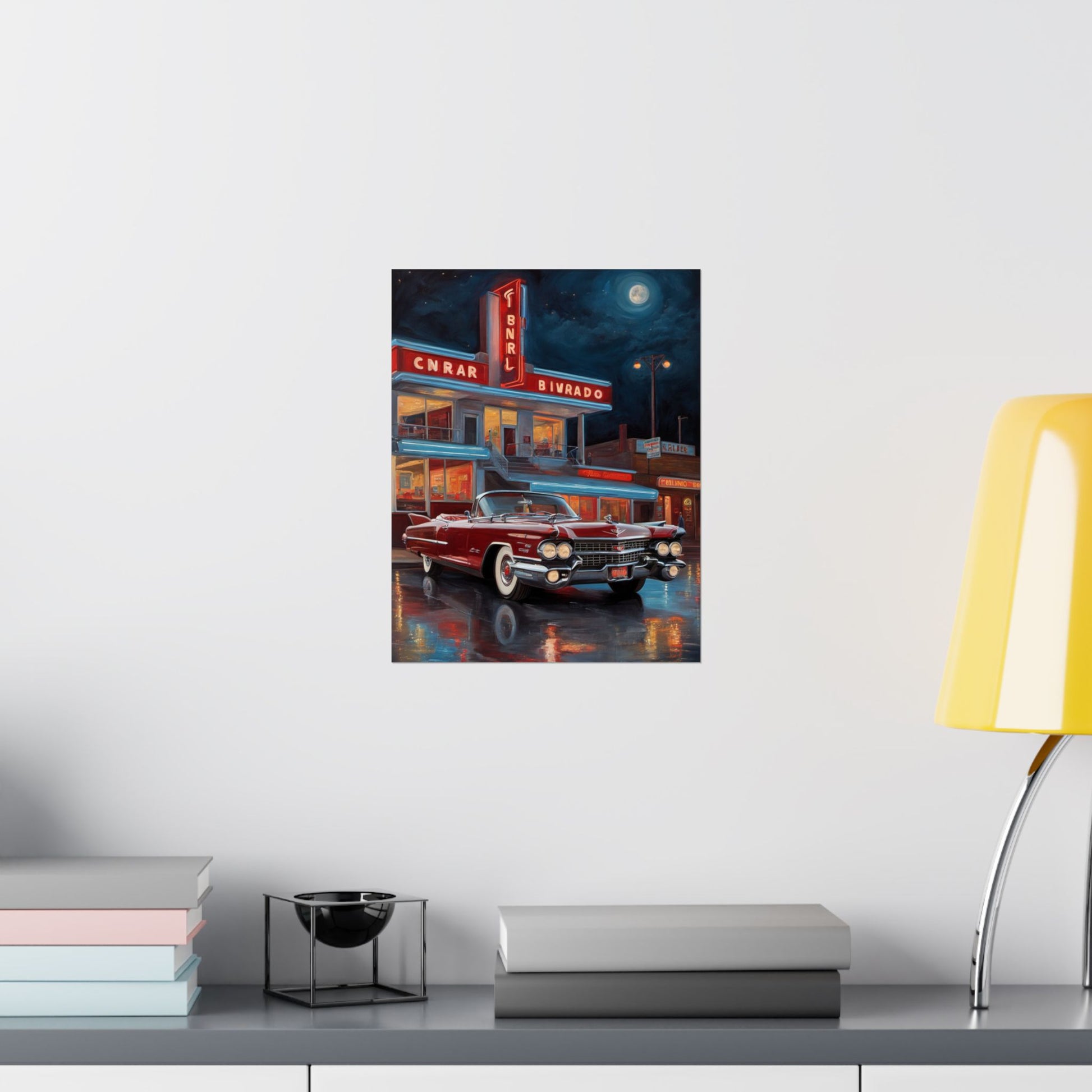 Retro Car Art Prints featuring a classic car at a vintage diner under the moonlight