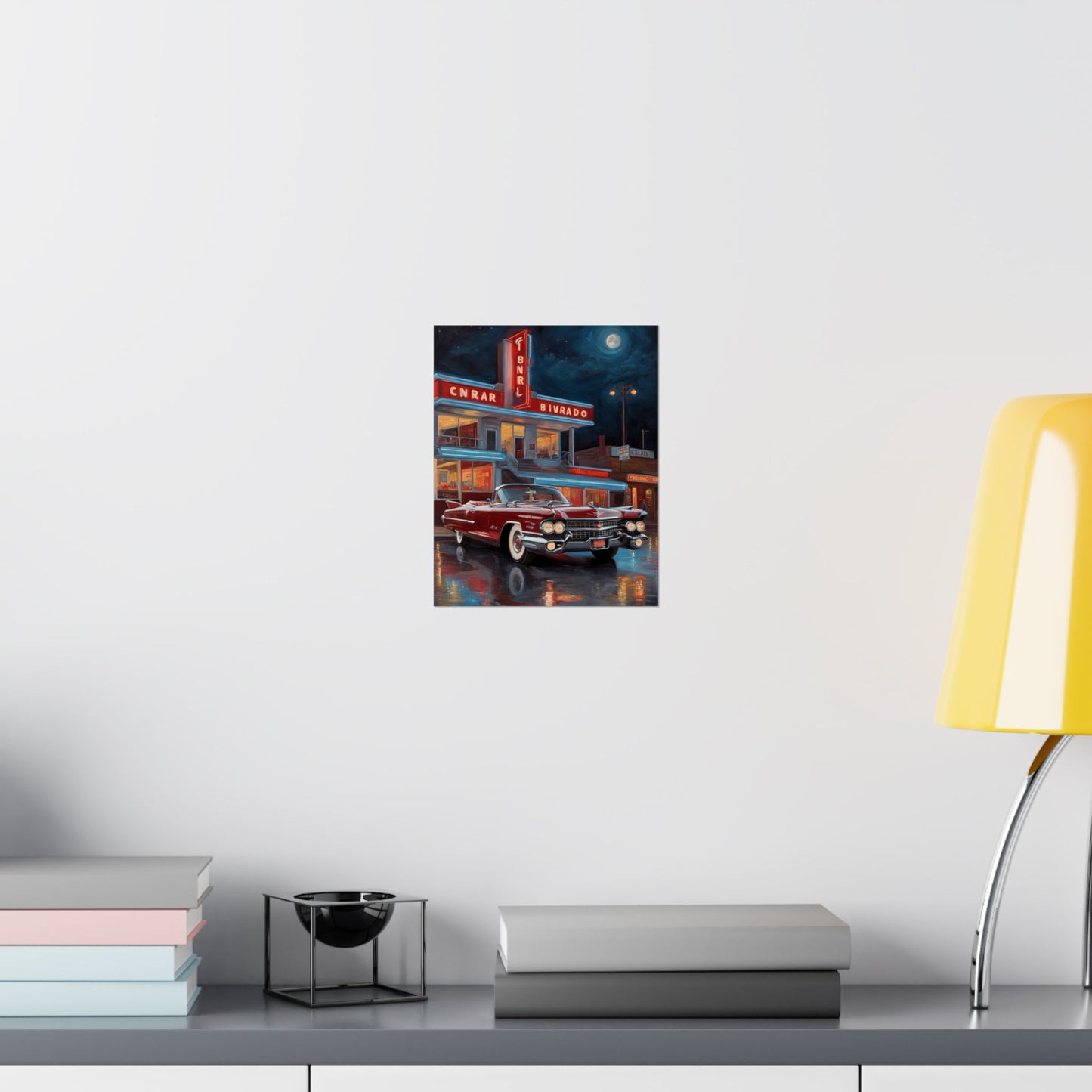 Retro Car Art Prints featuring a classic car in front of a vintage cinema with a neon sign
