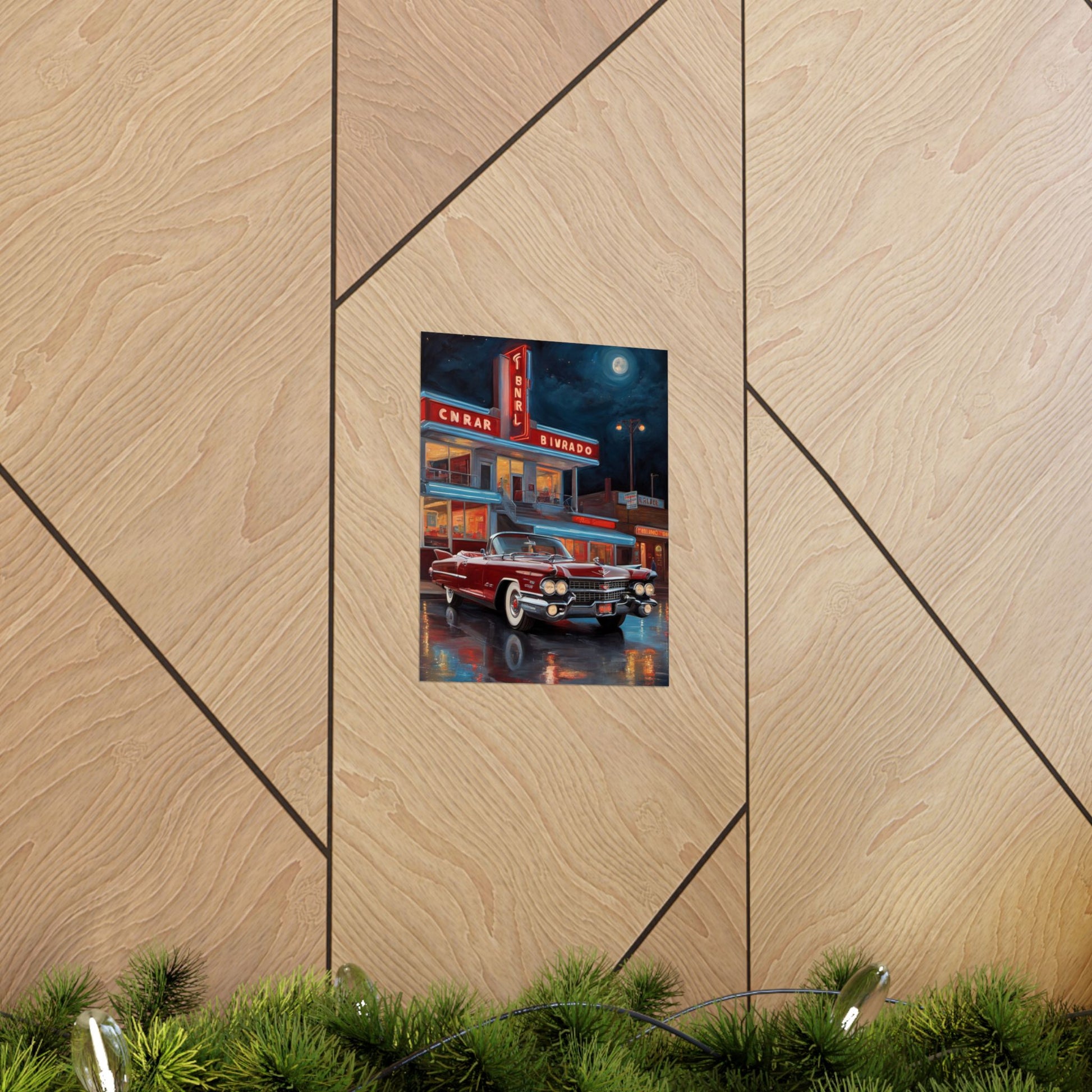 Retro Car Art Prints featuring a classic car in front of a vintage diner at night