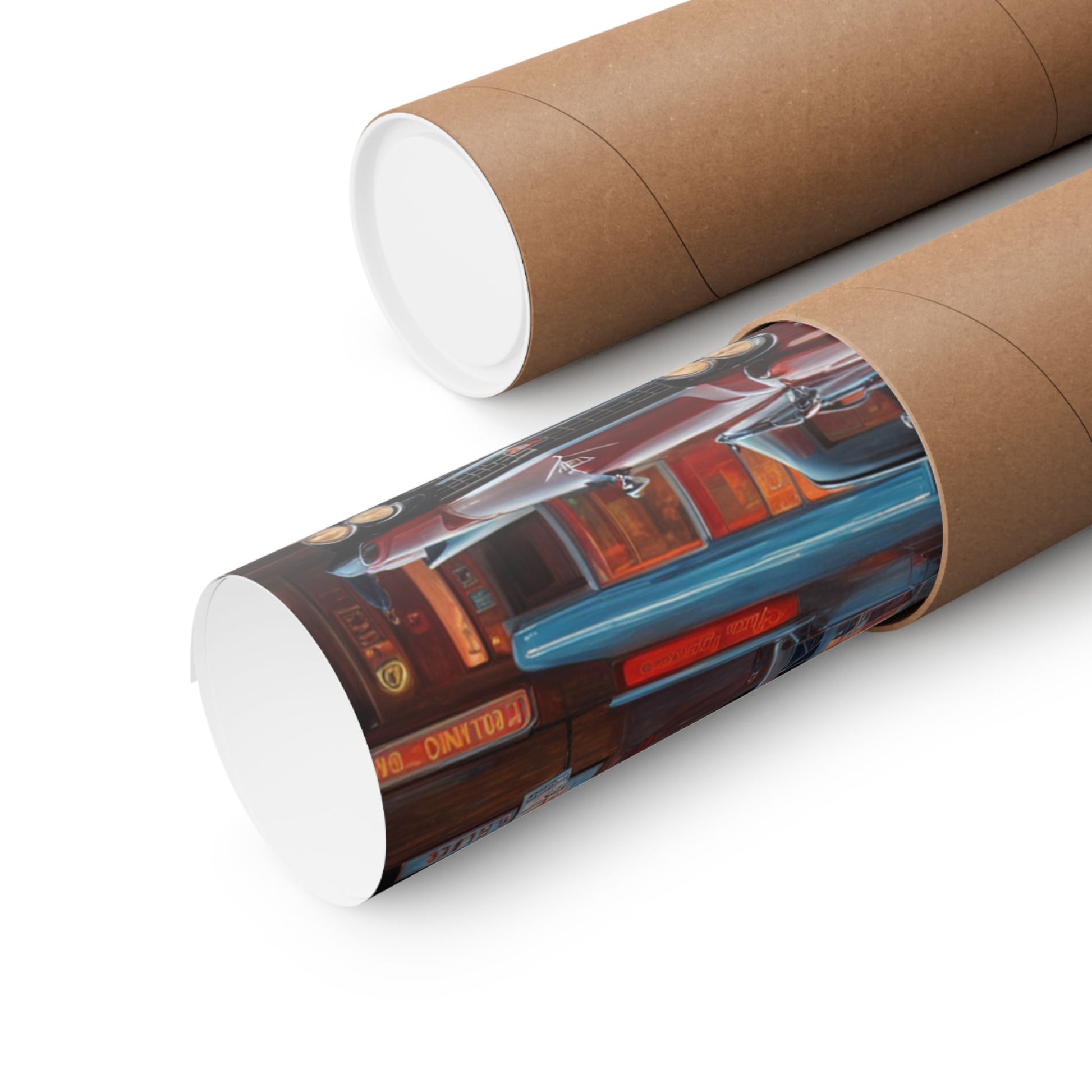Two rolled Retro Car Art Prints in eco-friendly packaging ready for display or gifting