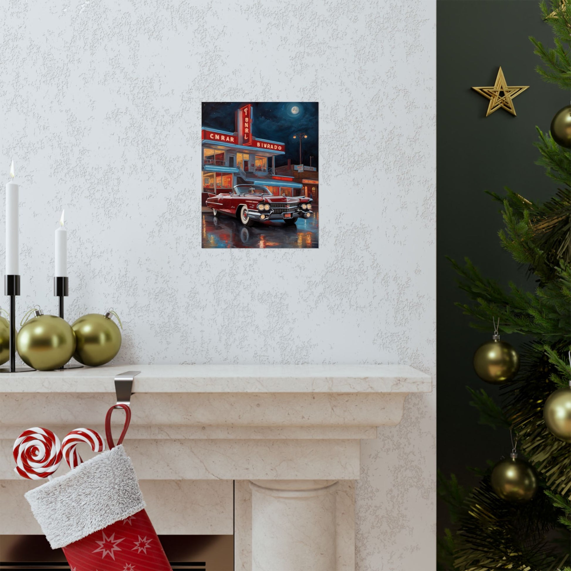 Retro Car Art Prints featuring a classic car in front of a vintage diner against a cozy backdrop