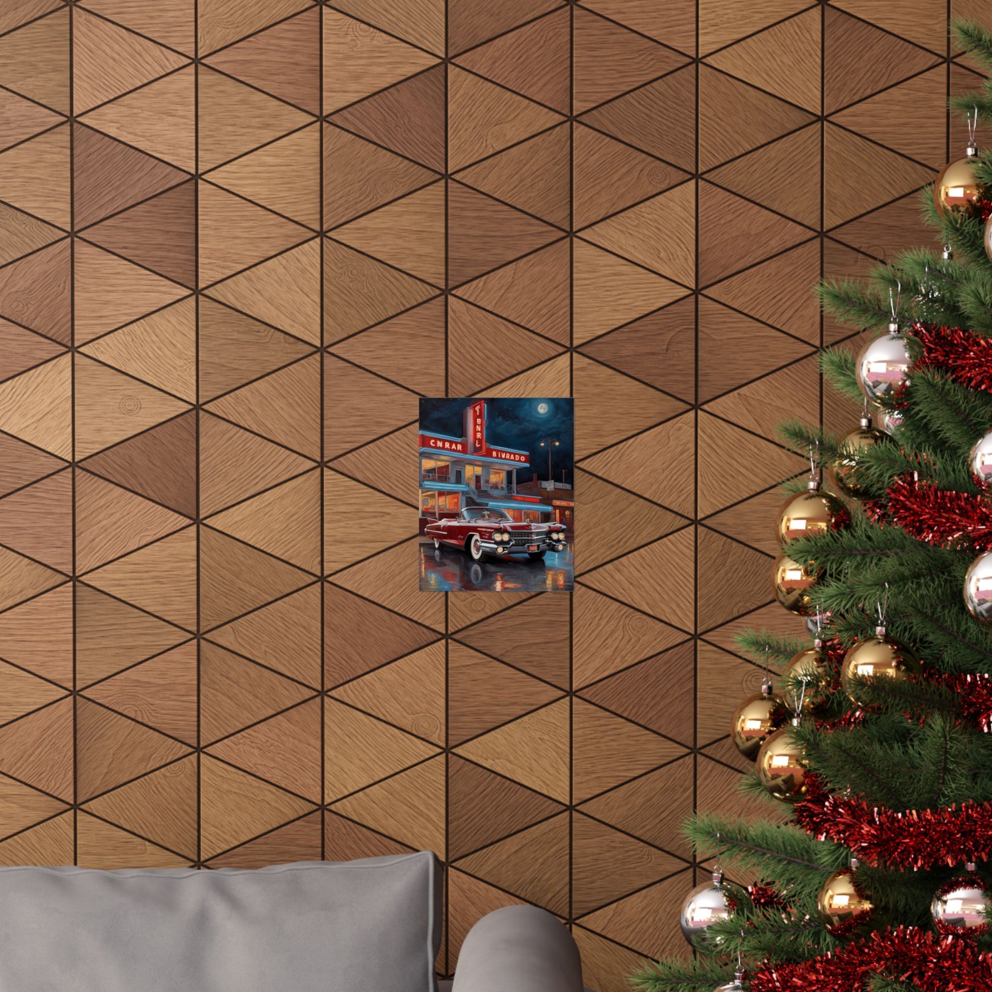 Retro Car Art Prints displayed on a geometric patterned wall, enhancing living room decor