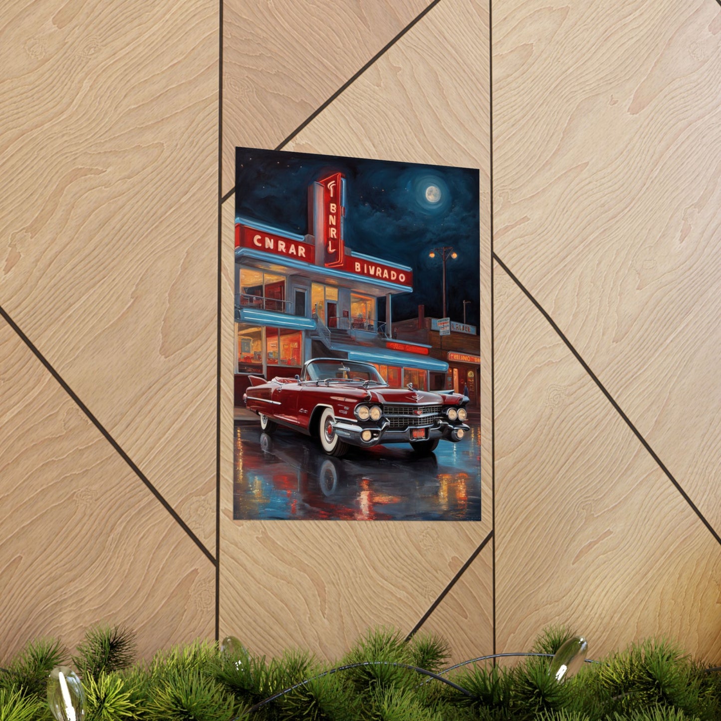 Retro Car Art Prints featuring a classic red car in front of a vintage diner at night