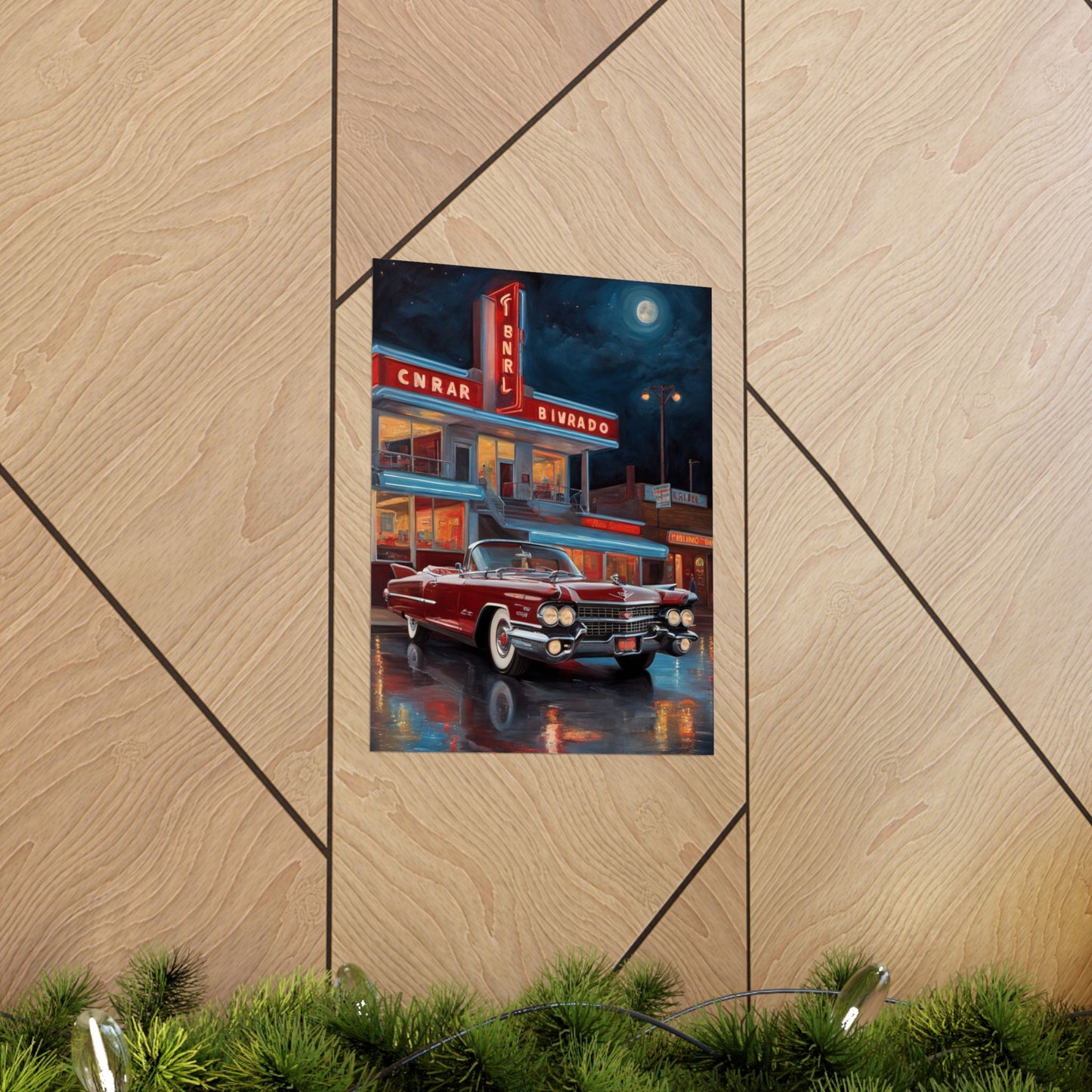 Retro Car Art Prints featuring a classic car parked outside a diner at night