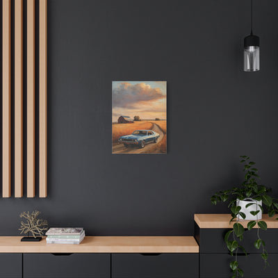 Retro Car Artwork featuring a vintage car on a scenic road against a dramatic sky