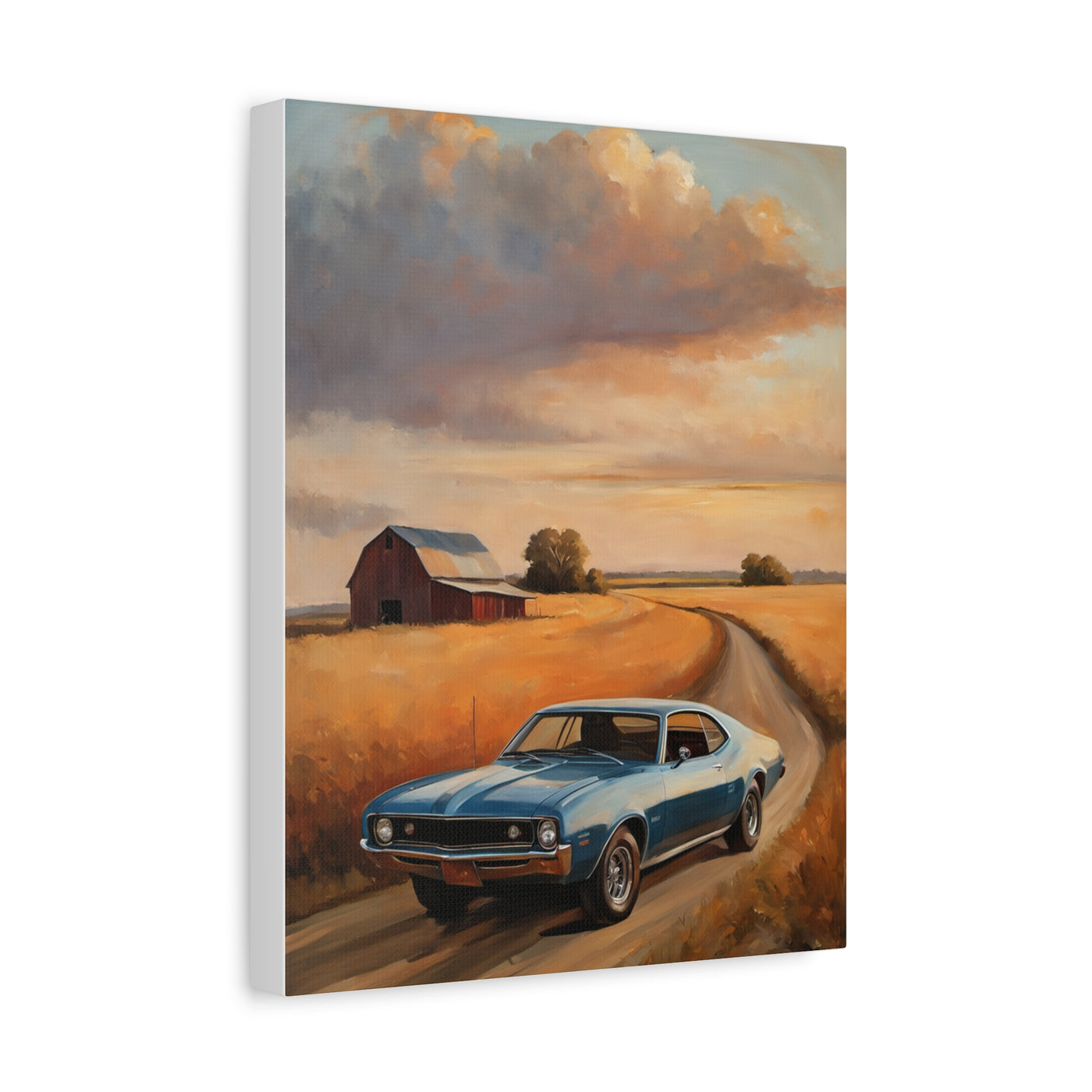Retro Car Artwork depicting a classic blue car on a dirt road near a farmhouse