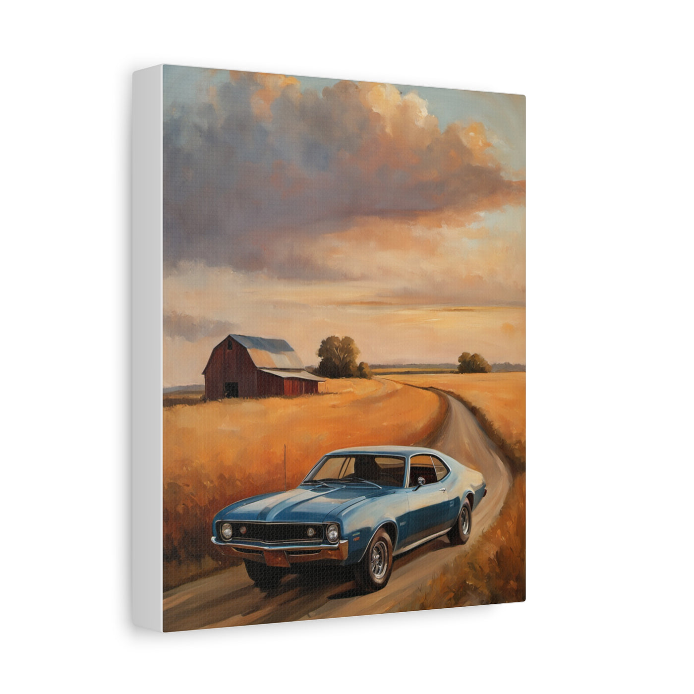 Retro Car Artwork featuring a classic blue car driving on a rural road with a barn in the background