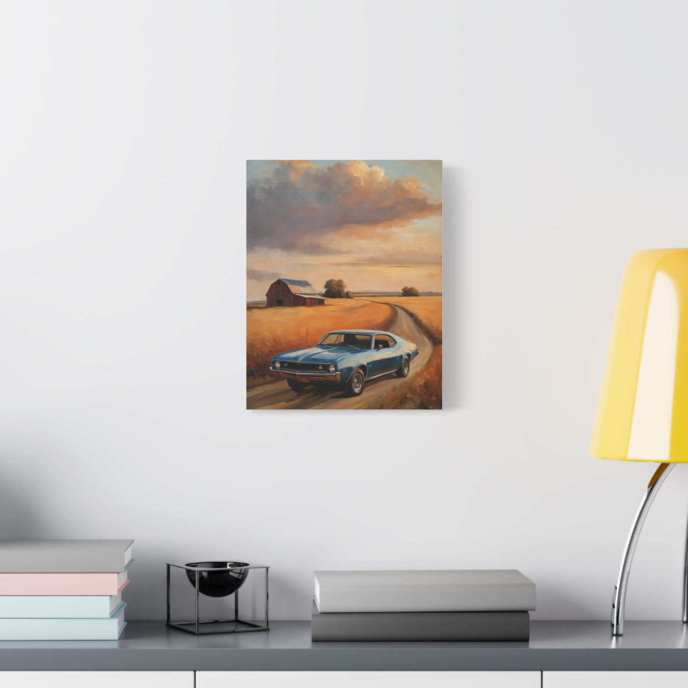 Retro Car Artwork featuring a classic blue car on a country road with a farmhouse in the background