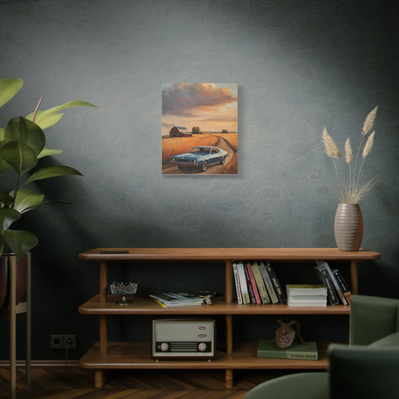 Retro Car Artwork displayed on a wall above a wooden shelf with plants and decor