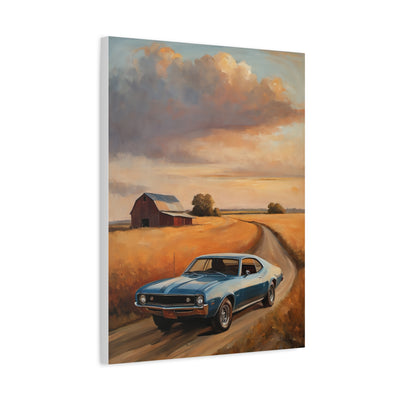 Retro Car Artwork featuring a blue classic car driving on a rural road near a barn