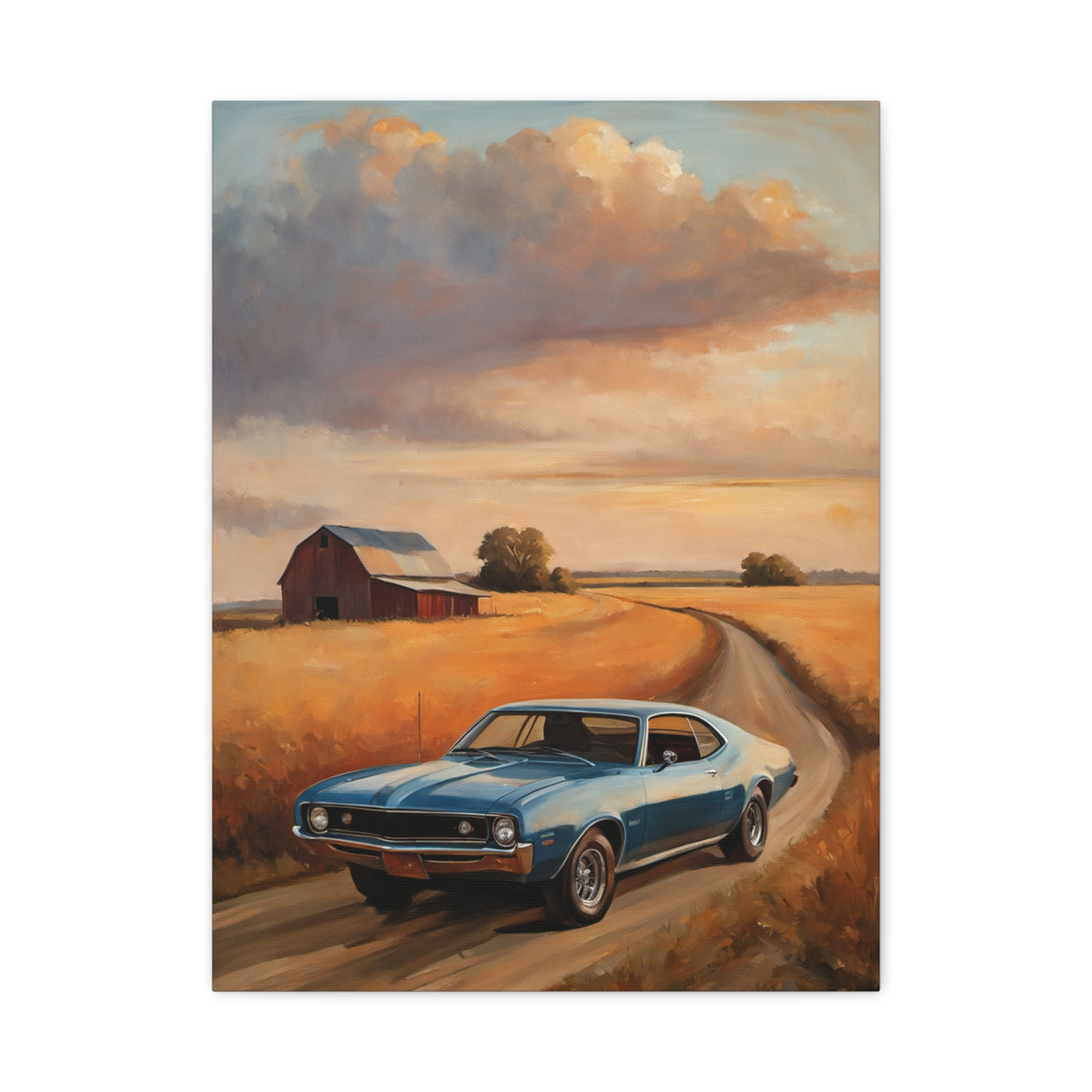 Retro Car Artwork featuring a classic blue muscle car on a scenic dirt road at sunset