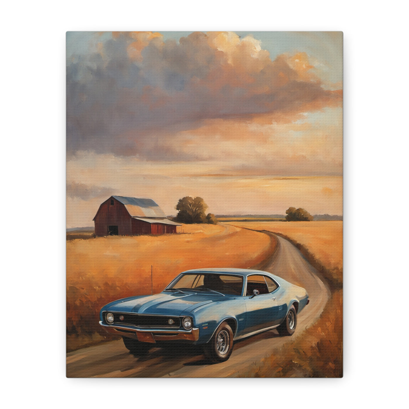 Retro Car Artwork featuring a vintage blue car on a country road with a barn in the background