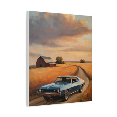 Retro Car Artwork featuring a blue classic car driving on a rural road with a barn in the background