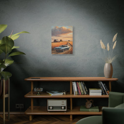 Retro Car Artwork featuring a vintage car on a scenic road, perfect for home decor
