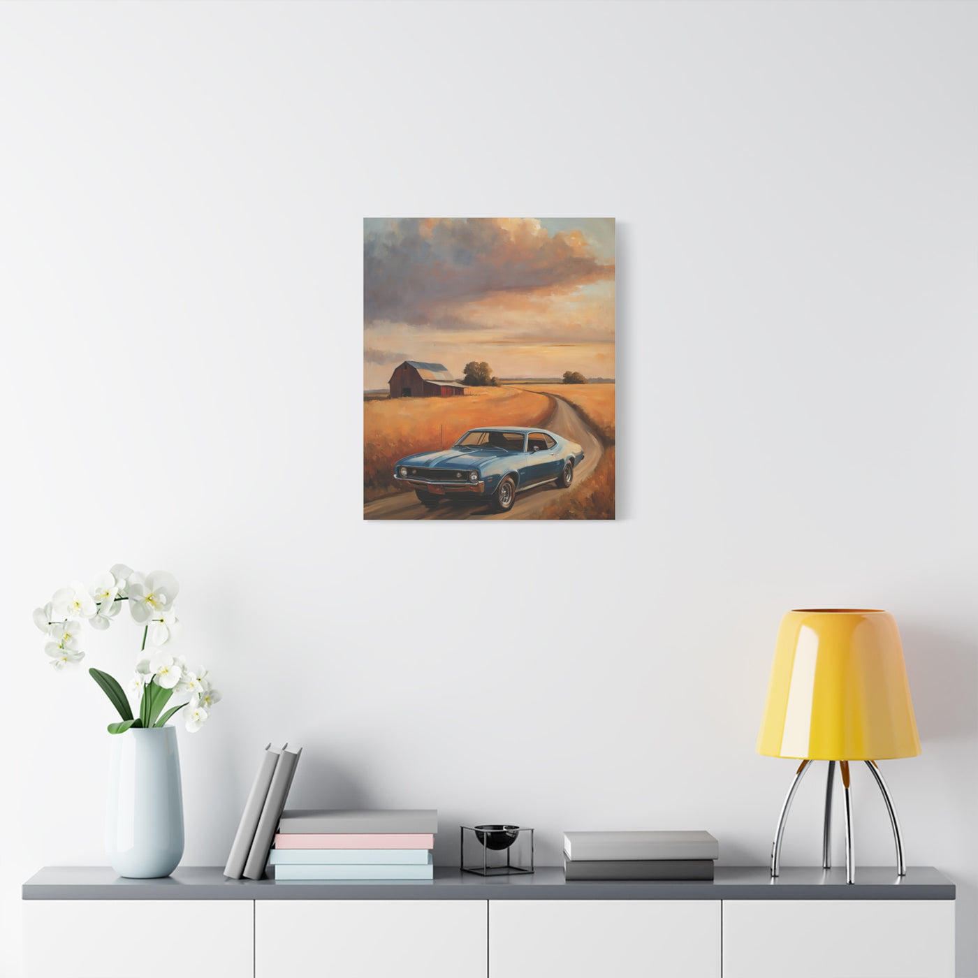Retro Car Artwork featuring a classic car on a scenic countryside road with clouds and a barn