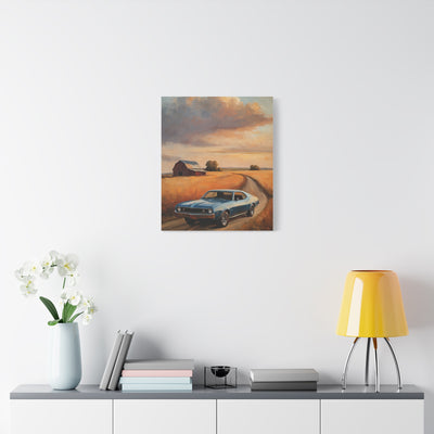 Retro Car Artwork featuring a classic car on a scenic countryside road with clouds and a barn