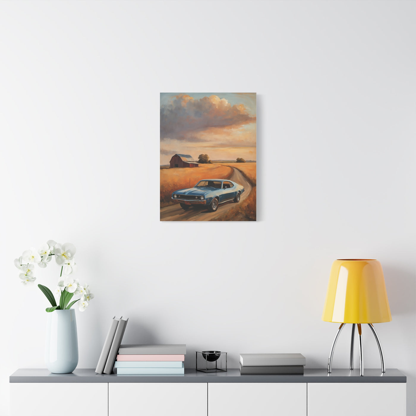 Retro Car Artwork featuring a classic car on a scenic road with fields and clouds