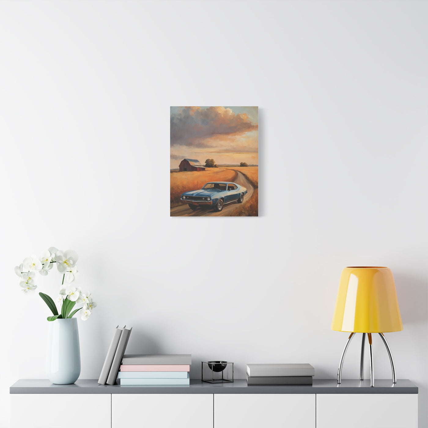 Retro Car Artwork featuring a vintage car in a scenic landscape, perfect for home decor.