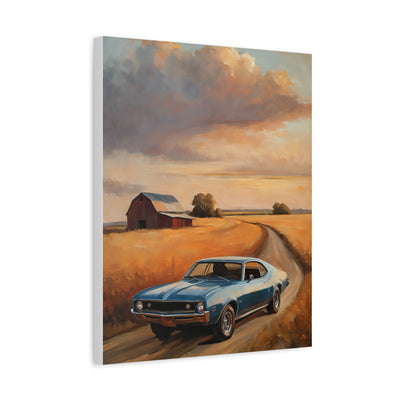 Retro Car Artwork featuring a blue vintage car driving on a country road near a barn
