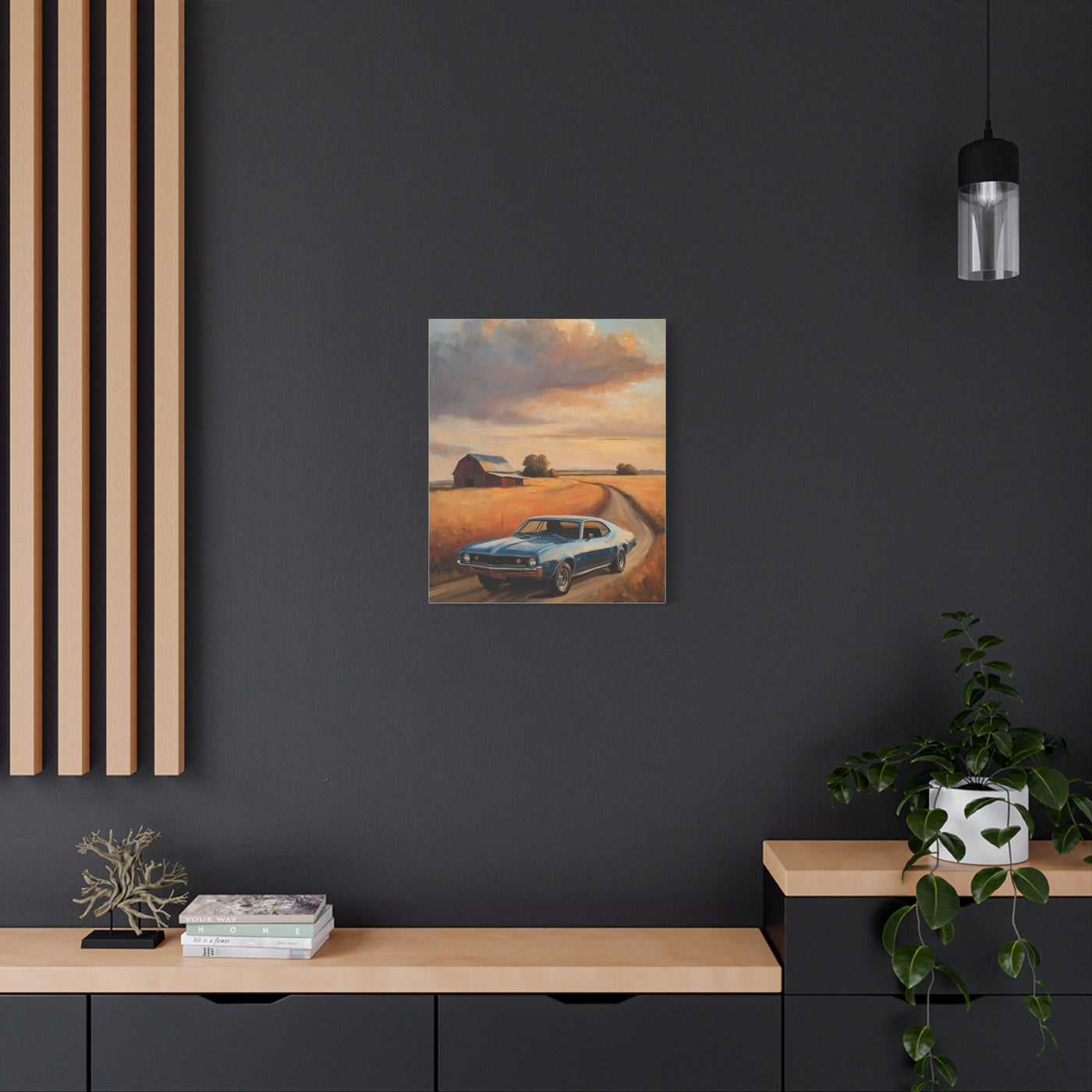 Retro Car Artwork featuring a classic car on a scenic road, perfect for home decor