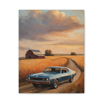 Retro Car Artwork featuring a classic blue muscle car driving down a rural road at sunset