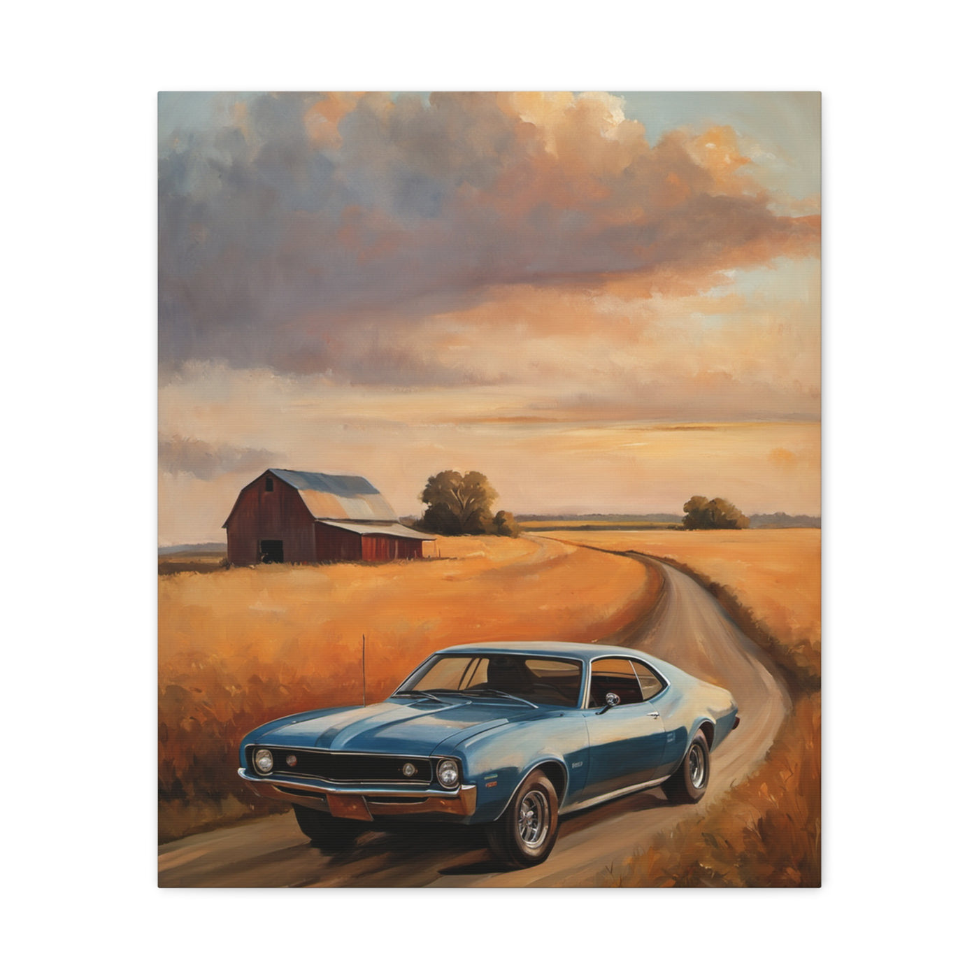 Retro Car Artwork featuring a classic car driving on a rural road at sunset