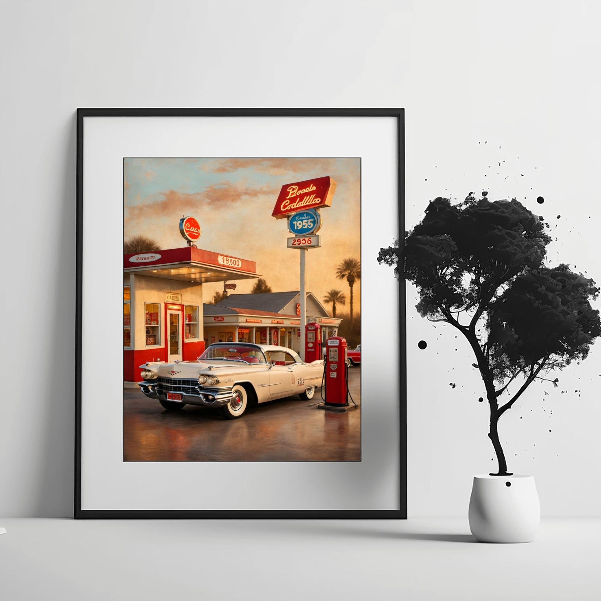 Framed retro car artwork for living room featuring classic 1955 Cadillac at vintage gas station