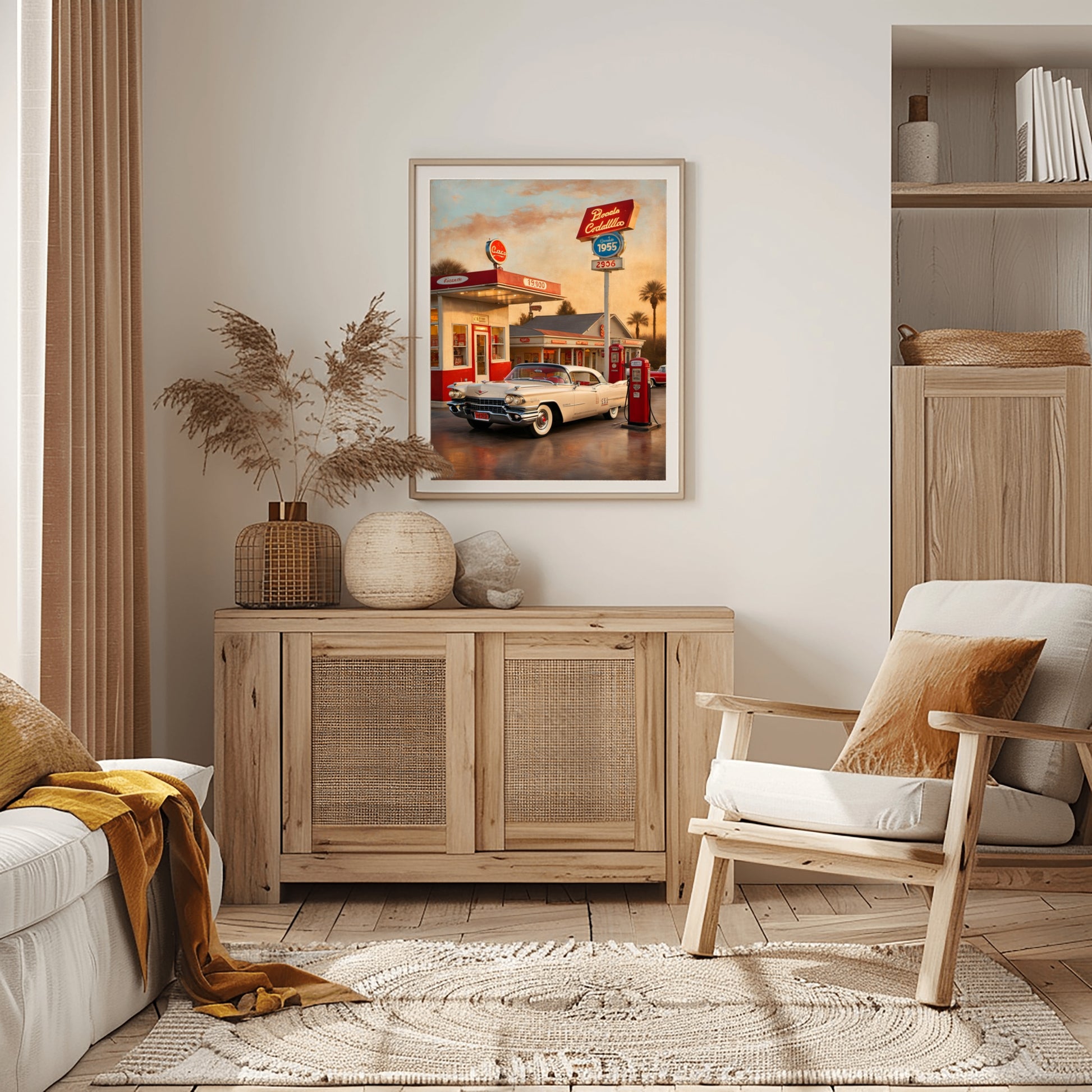 Retro car artwork for living room featuring vintage gas station and classic car in warm tones by AquilVision