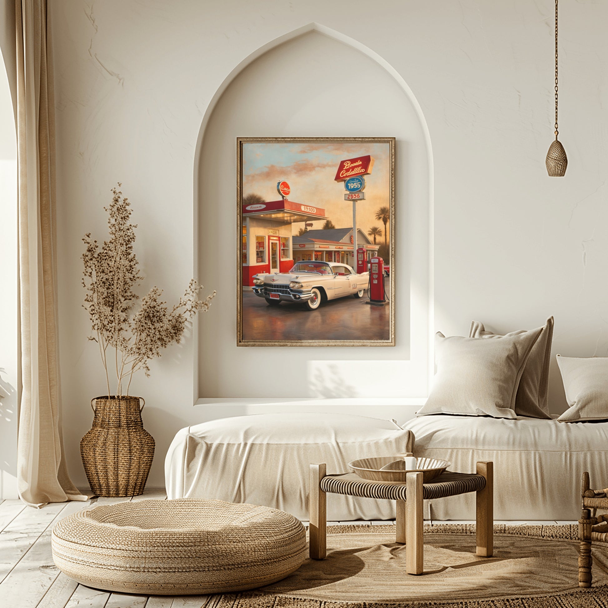 Retro car artwork for living room featuring vintage car and gas station in neutral styled space