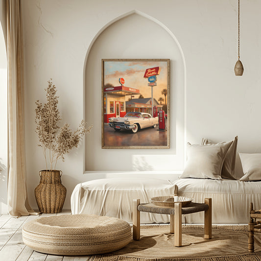 Retro car artwork for living room featuring vintage car and gas station in neutral styled space