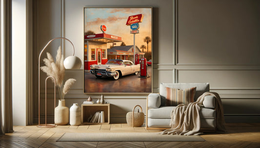 Retro car artwork for living room featuring a classic white car at a vintage gas station in warm tones