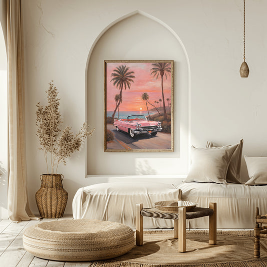 Retro car beach sunset artwork by AquilVision hanging above bed in bright, neutral living room