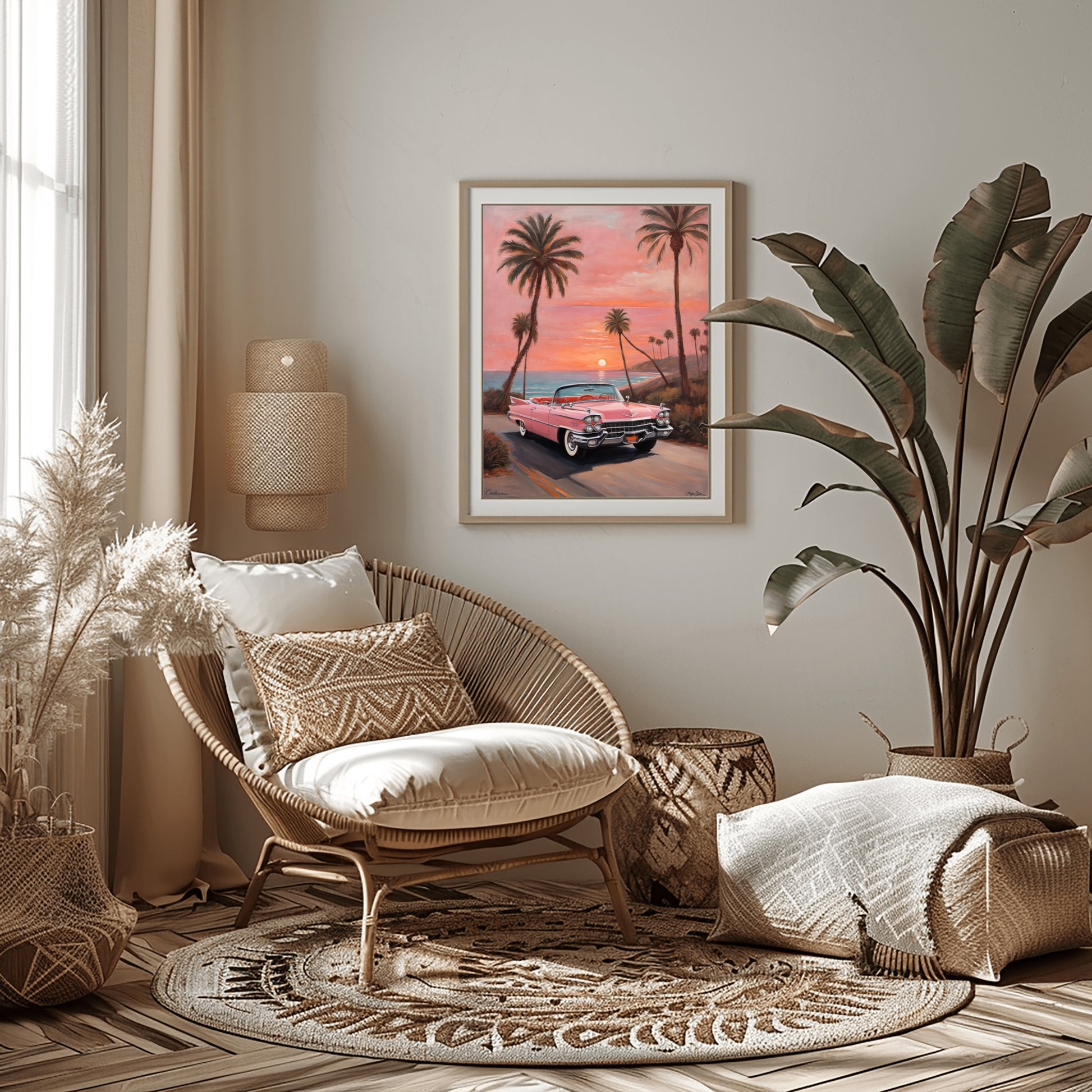 Retro car beach sunset artwork framed on wall in cozy boho living room with wicker chair and plants