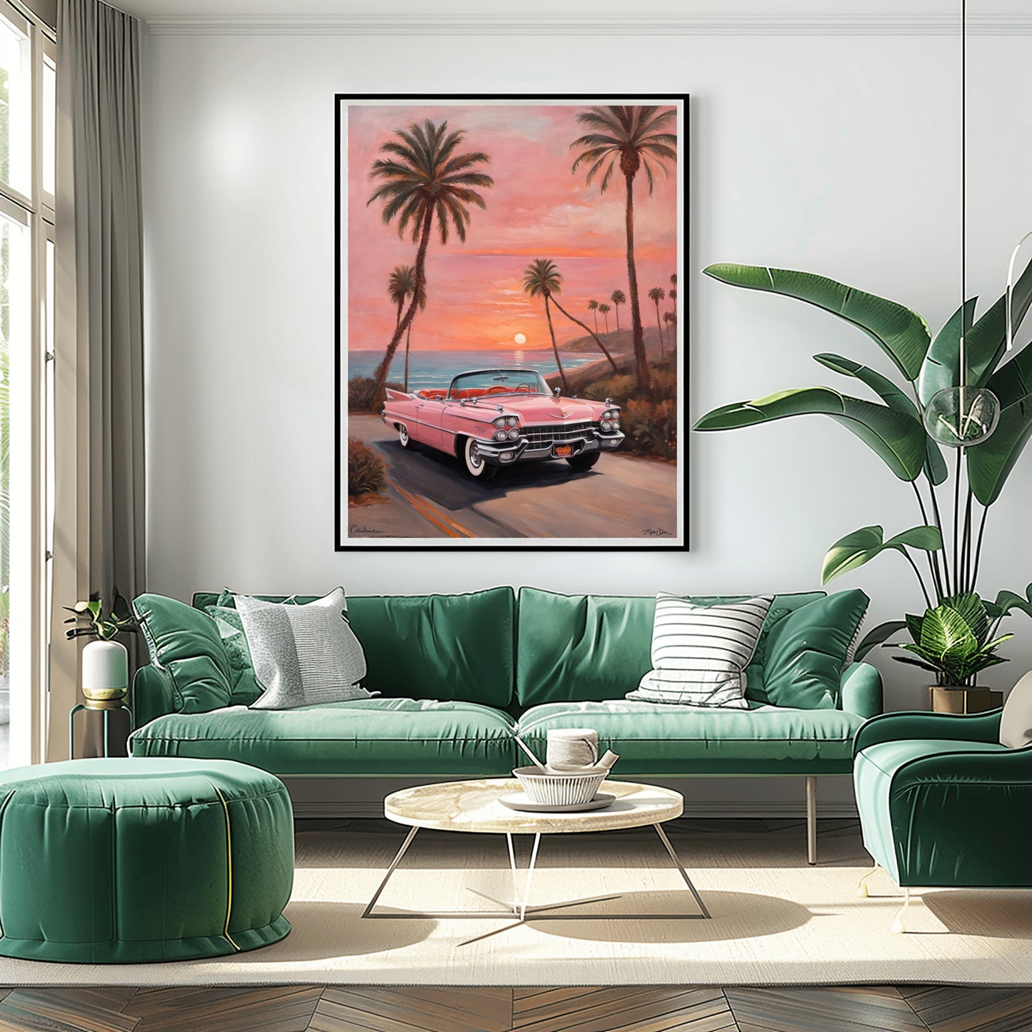 Retro car beach sunset artwork featuring a pink vintage car with palm trees and sunset sky