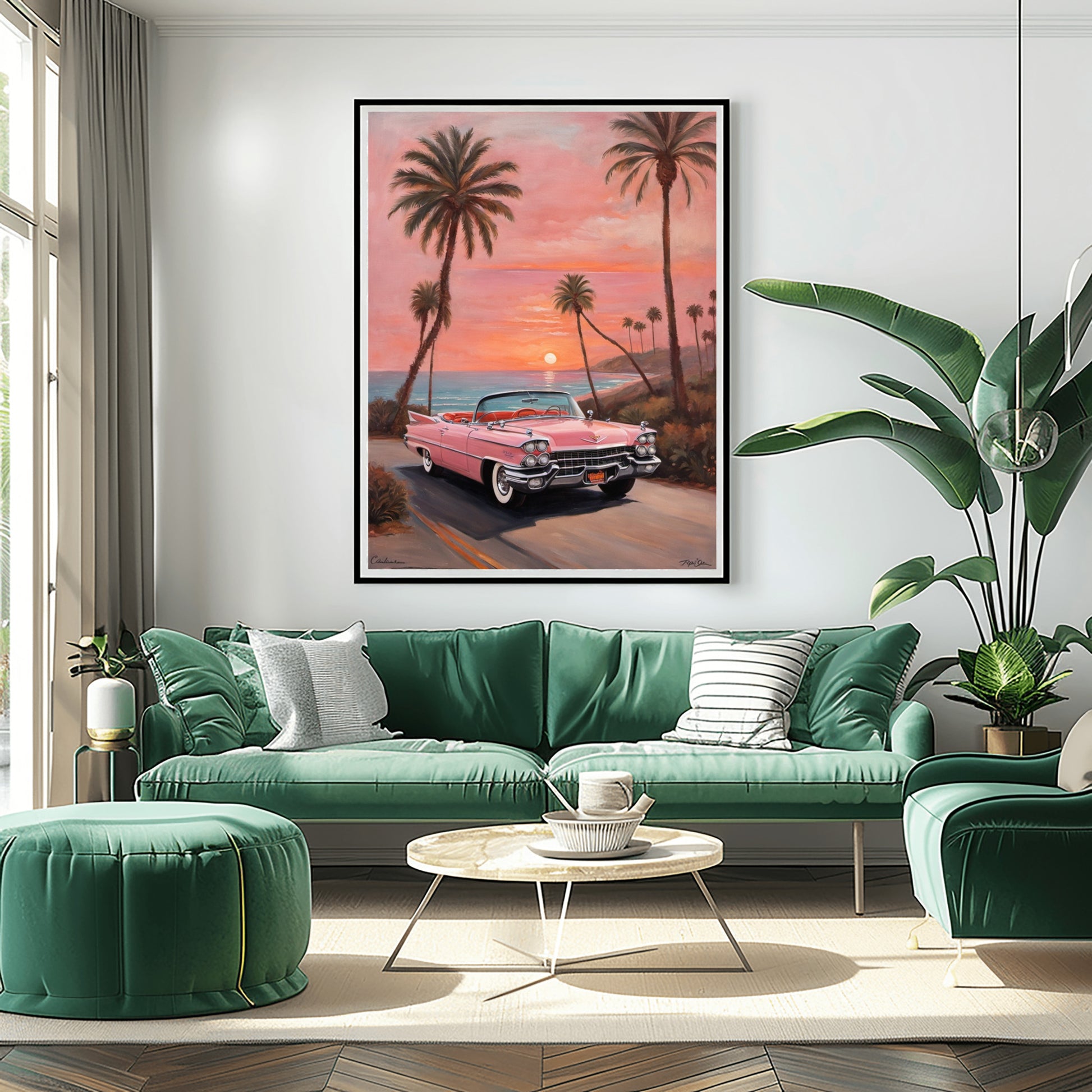 Retro car beach sunset artwork featuring a pink vintage car with palm trees and sunset sky
